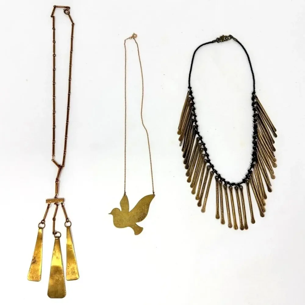 Lot of 3 Vintage Brass Boho Tribal Pendant Collar Necklaces Dove Peace Fringe